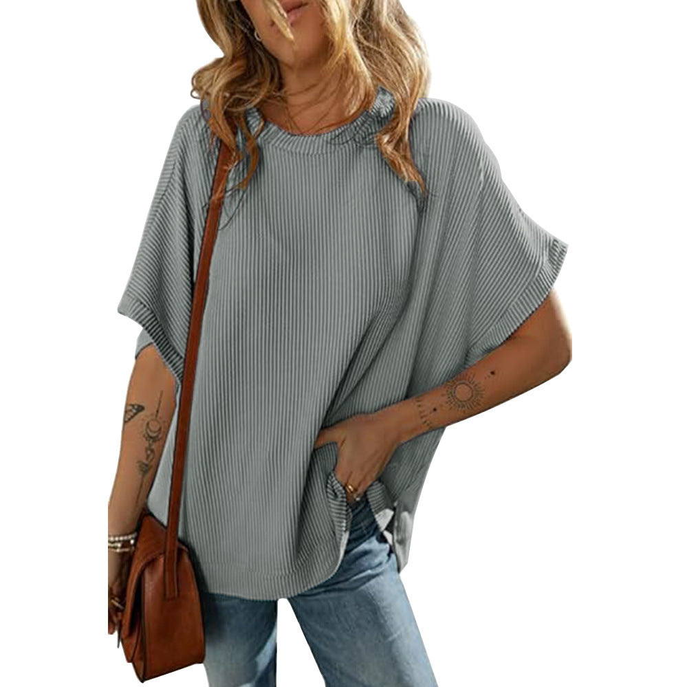 Sarah Express Solid Color Knitted T-Shirt Women's Half Sleeve Loose Casual Pullover Top