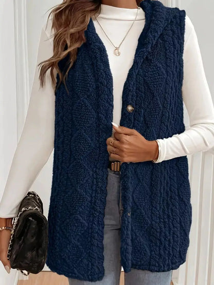 Sarah Express Women's Button Up Plush Hooded Vest Coat Navy Blue
