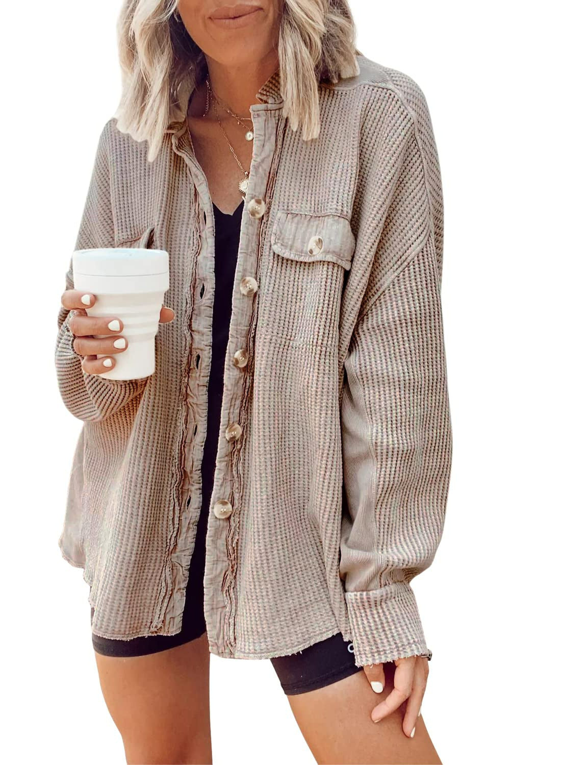 Sarah Express Patchwork Irregular Shirt Jacket Loose Fit Long Sleeve Acrylic Outerwear