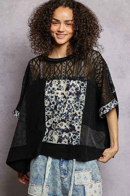 Sarah Express Women's Floral Patchwork Lace Accent Blouse - Oversized Ribbed Top BLACK