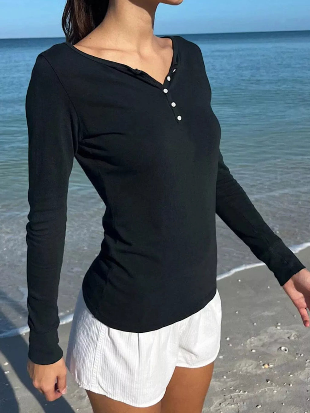 Sarah Express Women's Striped Long Sleeve Henley T-Shirt