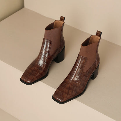 Sarah Express Women's Chunky Heel Square Toe Cowhide Leather Pumps | Minimalist Luxury Heels