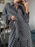 Sarah Express Women's Printed Button Up Shirt and Pants Set - Two Piece Outfit