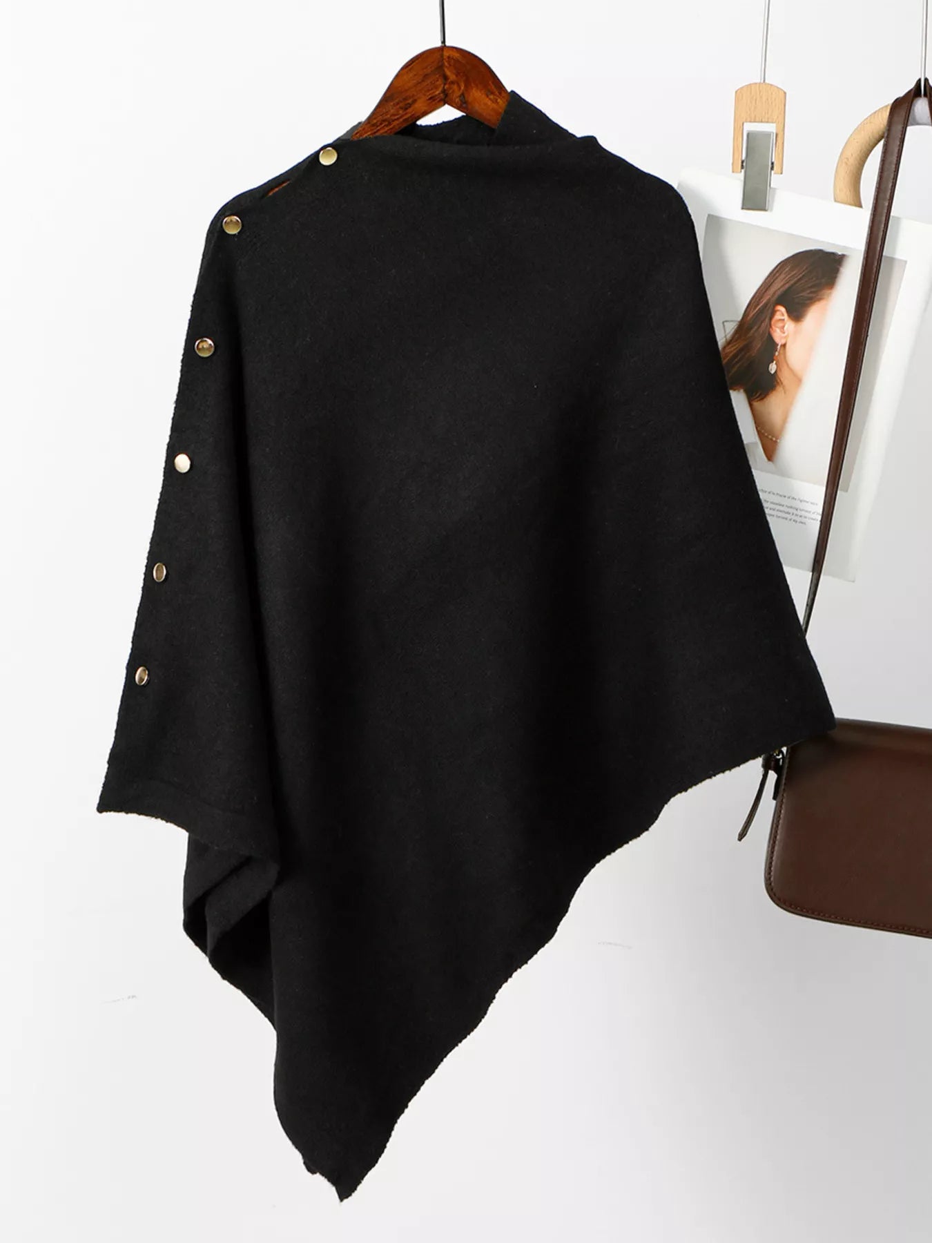 Sarah Express Women's Button-Accented Poncho Scarf Black One Size