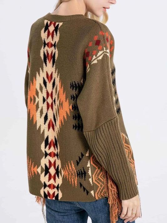 Sarah Express Women's Geometric Pattern Fringe Sweater - Boho Knit Pullover