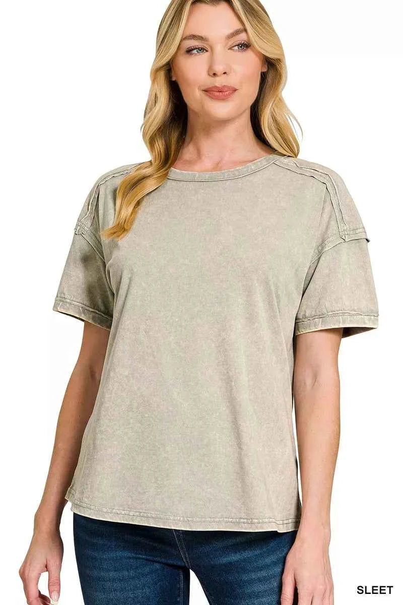 Sarah Express Women's Acid Washed Round Neck T-Shirt SLEET