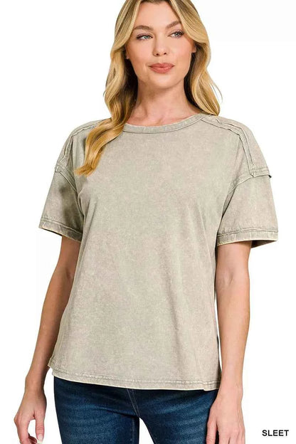 Sarah Express Women's Acid Washed Round Neck T-Shirt SLEET