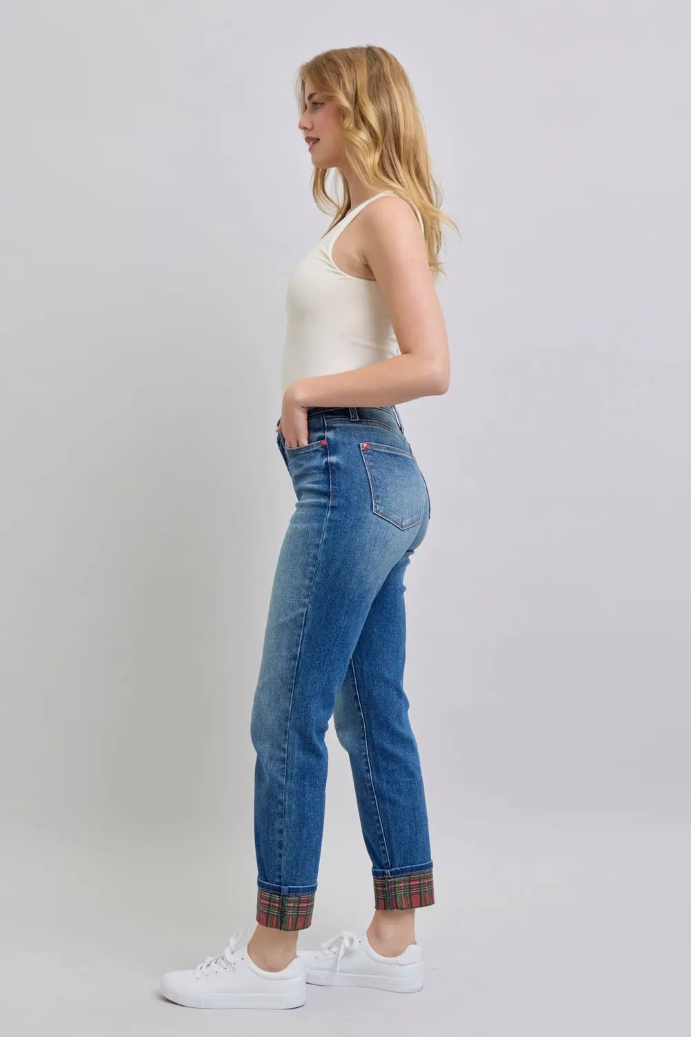 Sarah Express Women’s Plus Size Straight Leg Jeans with Plaid Cuff

