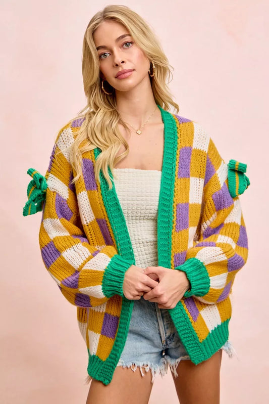 Sarah Express Women's Mardi Gras Checkerboard Front Open Cardigan MARDI GRAS MUSTARD