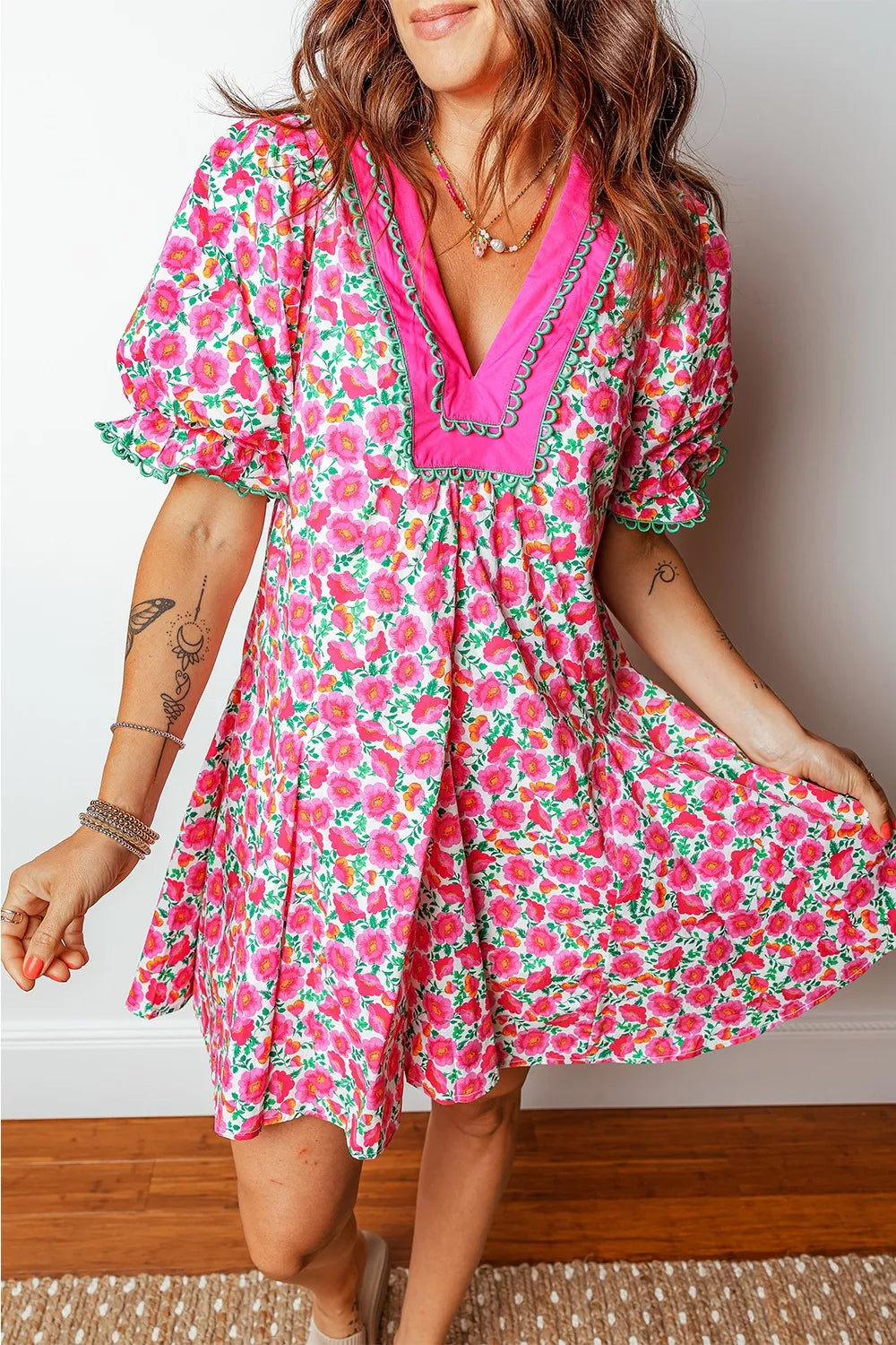 Sarah Express Women's Floral Print V Neck Mini Dress Short Bubble Sleeve Patchwork