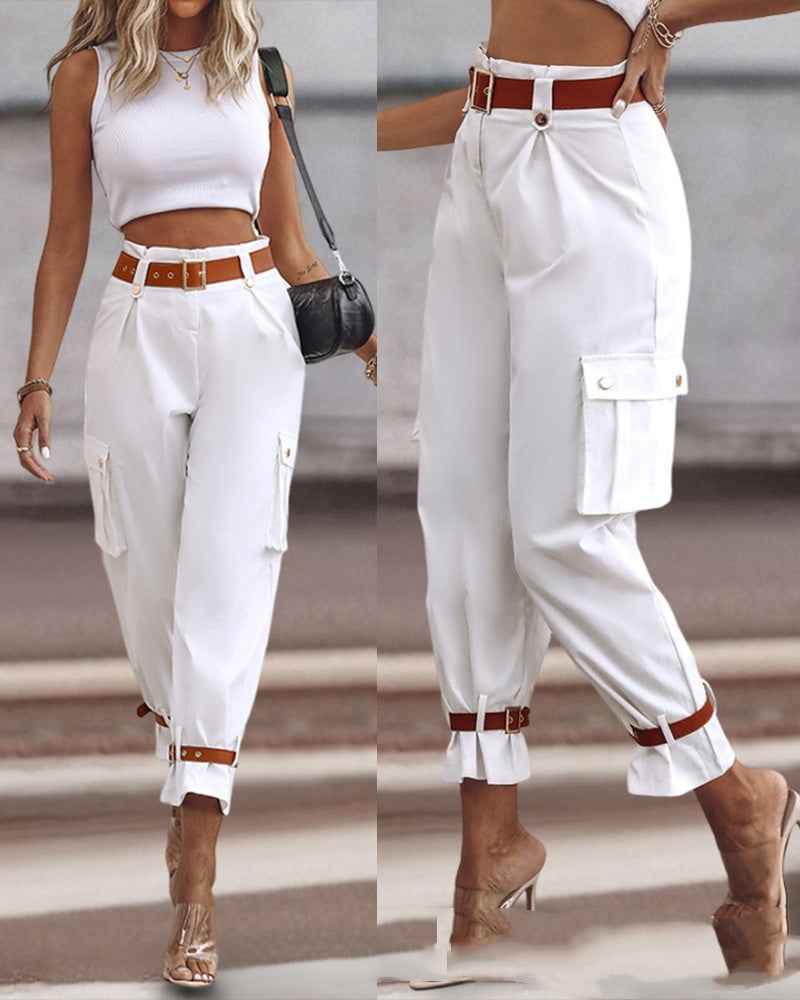 Sarah Express Wide Leg Trousers High Waist Contrast Belt Professional Pants