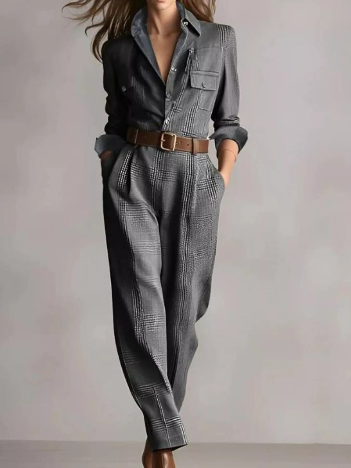 Sarah Express Women's Button Front Long Sleeve Jumpsuit Dark Gray