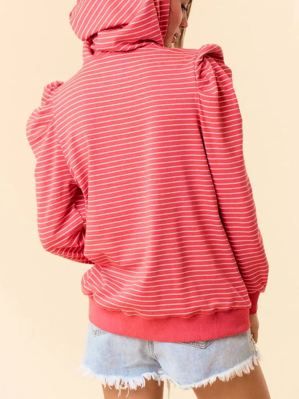 Sarah Express Women's Striped Puff Sleeve Hoodie with Drawstring