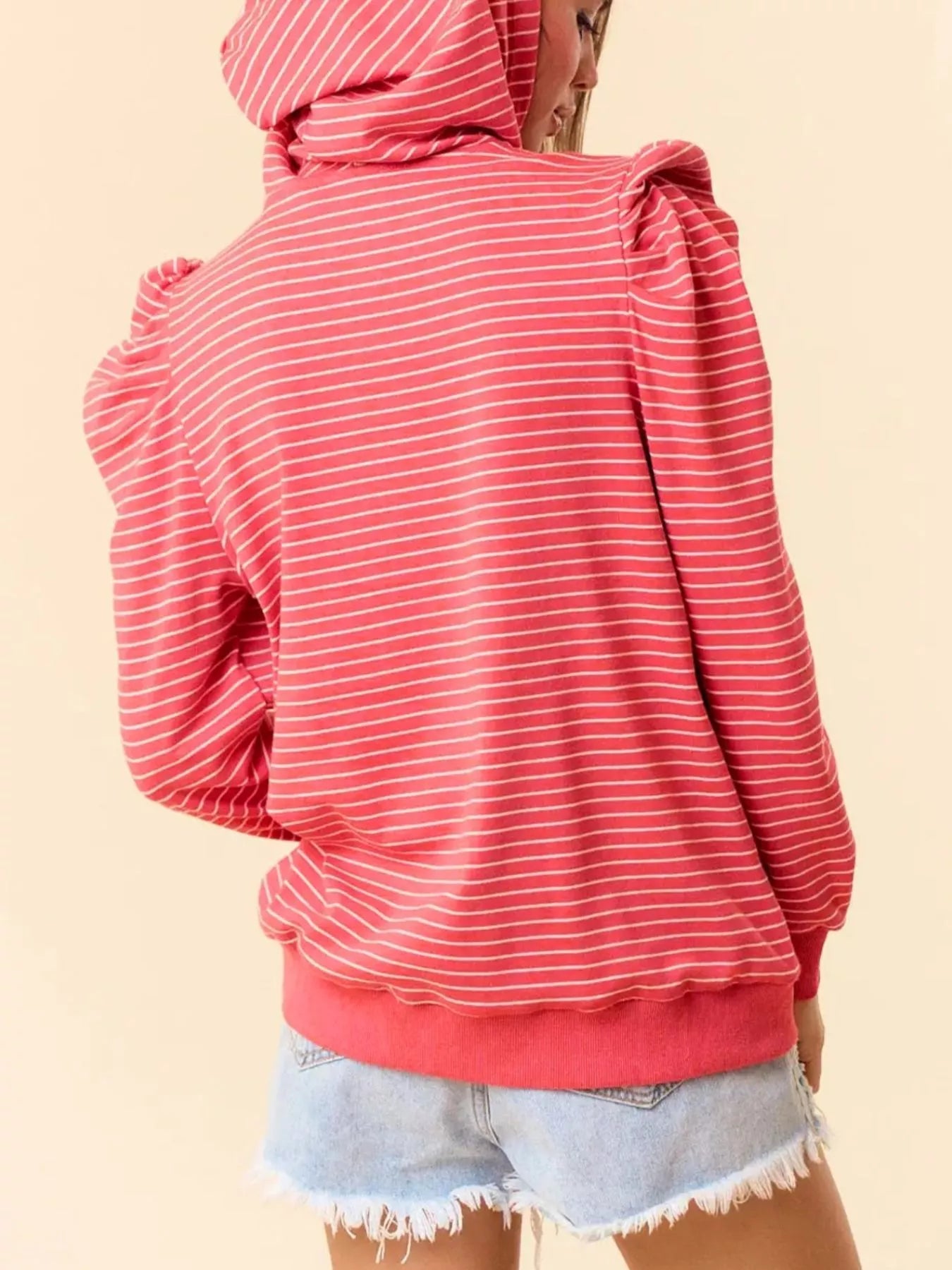 Sarah Express Women's Striped Puff Sleeve Hoodie with Drawstring