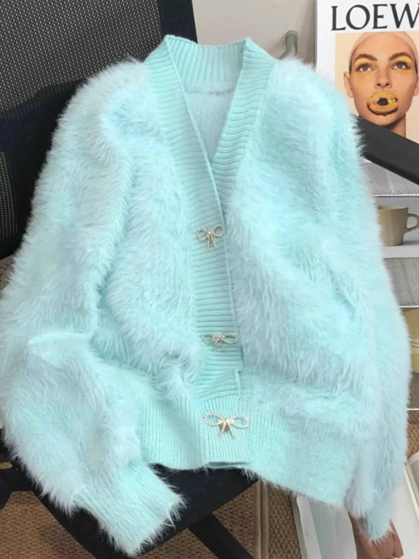 Sarah Express Women's Fuzzy Bow Button Up Cardigan - Cozy Knit Sweater Blue One Size