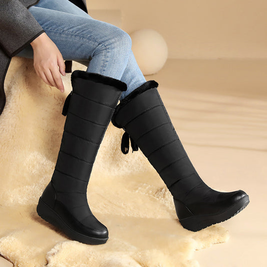 Sarah Express Women's Wedge Heel High-Top Snow Boots – Faux Fur Lined, Rubber Sole | Black & White