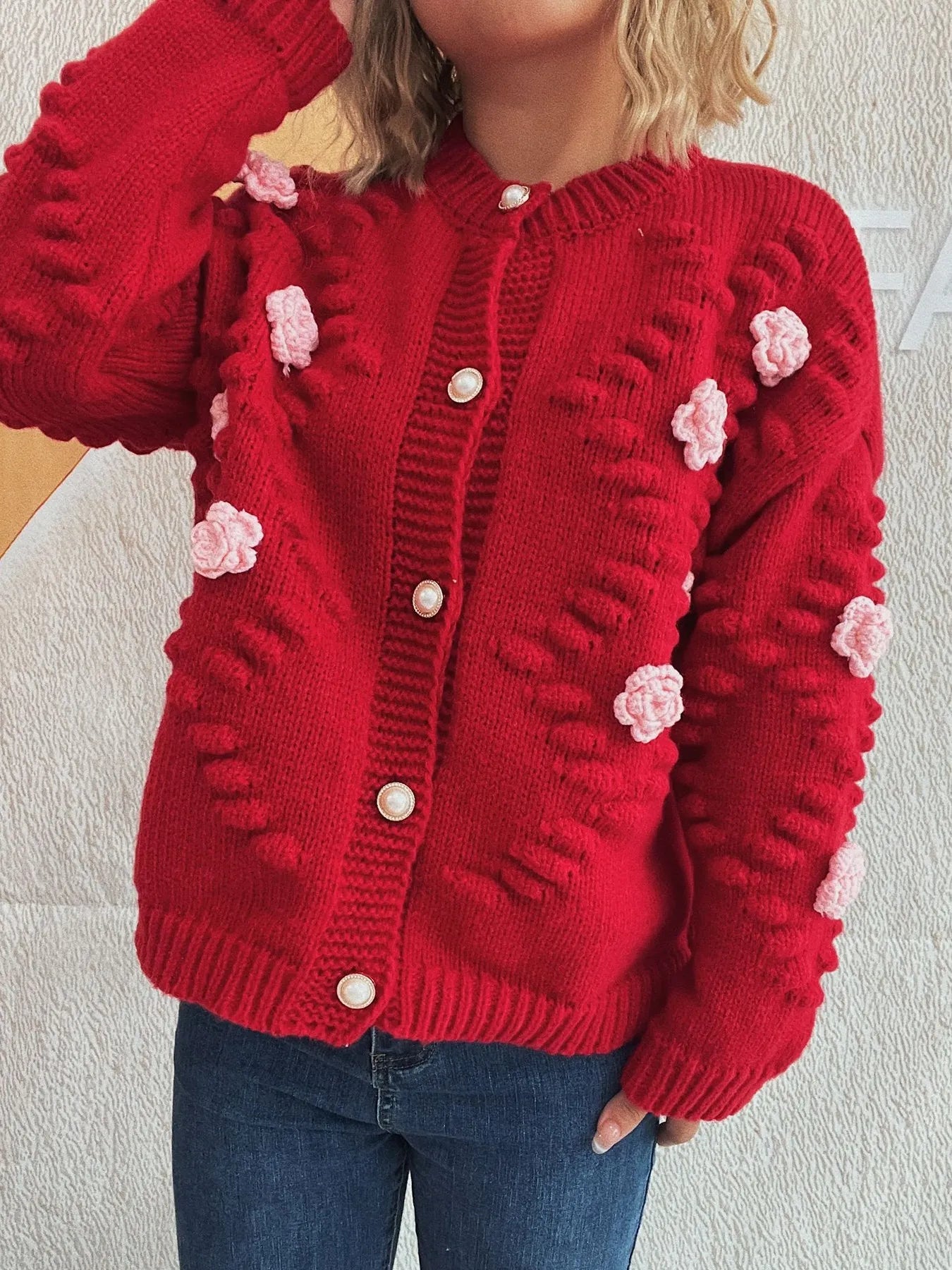 Sarah Express Women's Flower Button Up Long Sleeve Cardigan