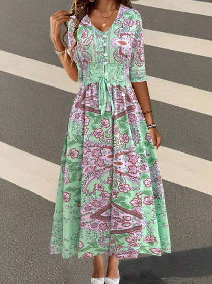 Sarah Express Women's Smocked Printed Half Sleeve Midi Dress