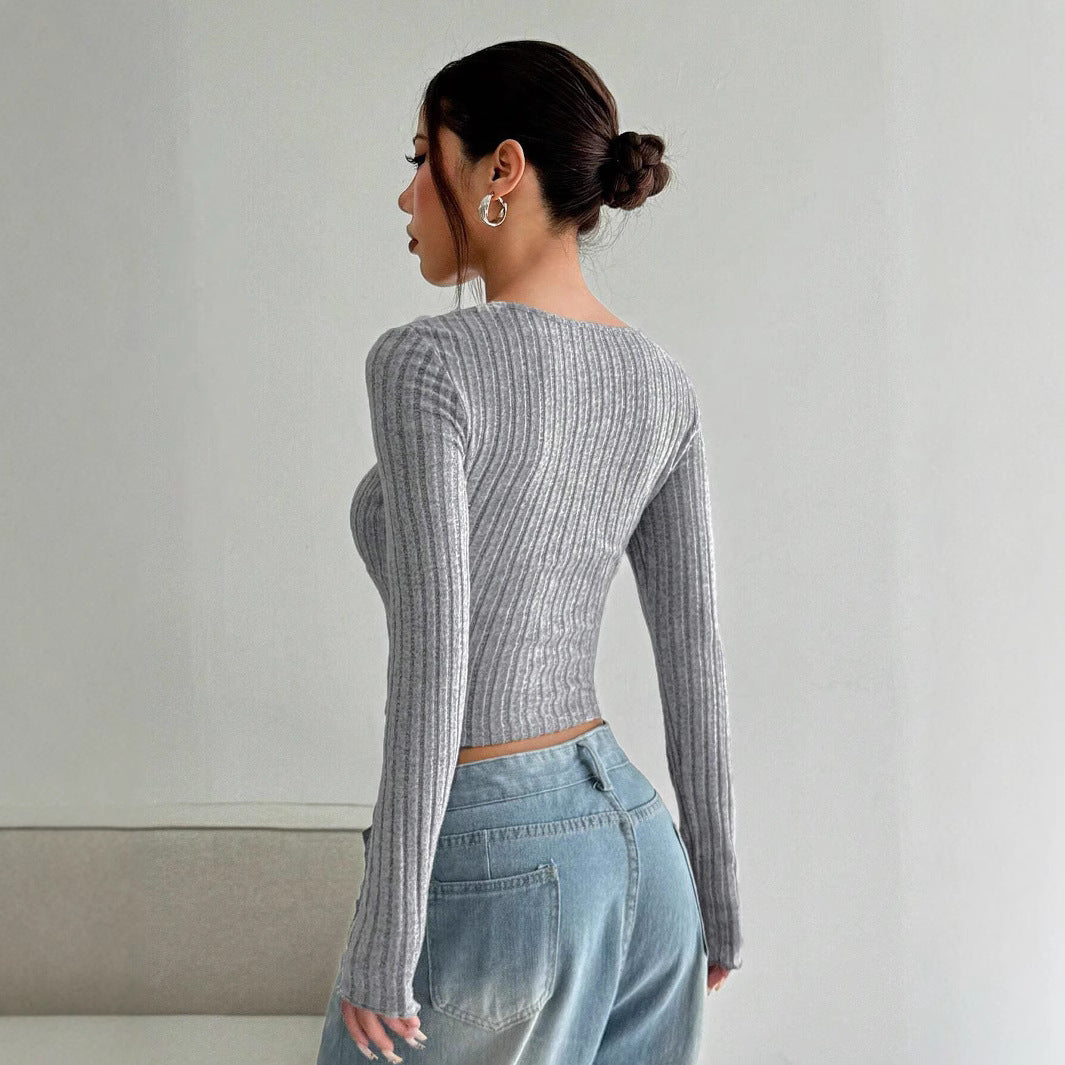 Sarah Express Women's Cropped Long Sleeve Striped Brushed Top