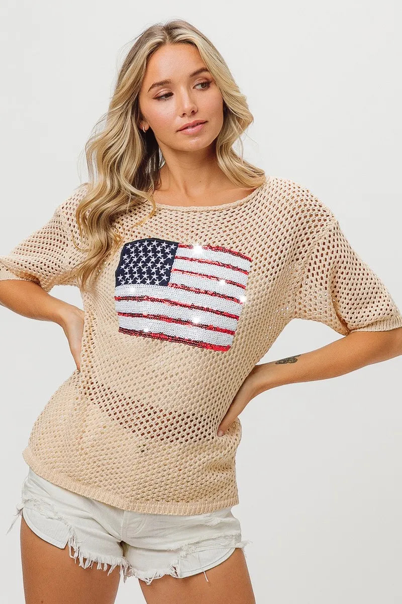 Sequin American Flag Knit Cover Up