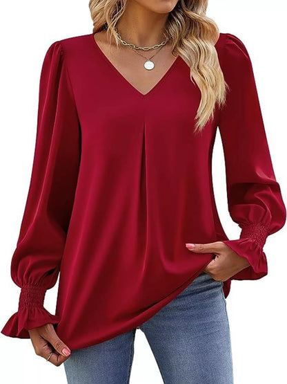 Sarah Express Women's V-Neck Long Sleeve Ruffle Cuff Blouse Burgundy