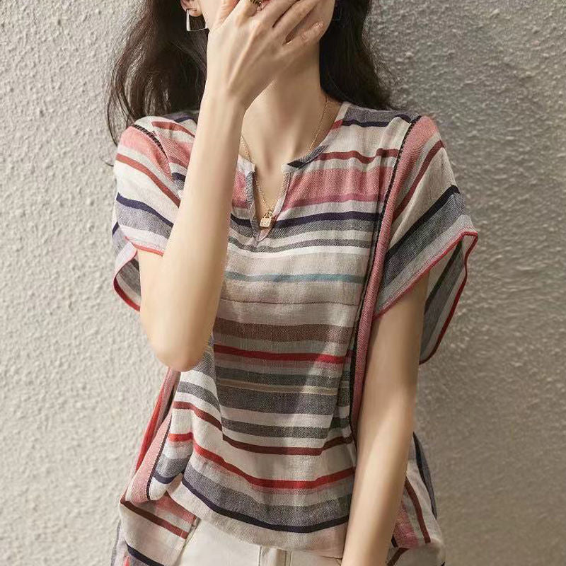 Sarah Express Women's Striped Long Sleeve Button-Up Shirt Loose Fit V-Neck Cardigan Top