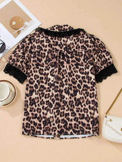 Sarah Express Women's Leopard Print Button Down Lace Trim Short Sleeve Shirt