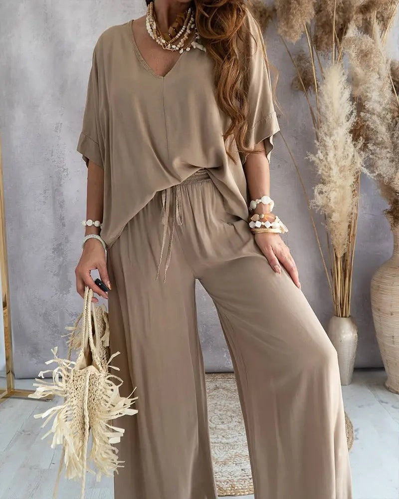 Sarah Express Women's Bat Sleeve Top and Pants Two Piece Casual Lounge Set Matching Coordinates