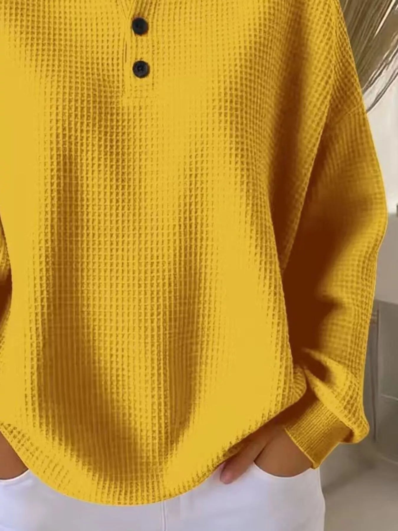 Sarah Express Women's Waffle Knit Button Detail Top - Plus Size Long Sleeve Casual Shirt