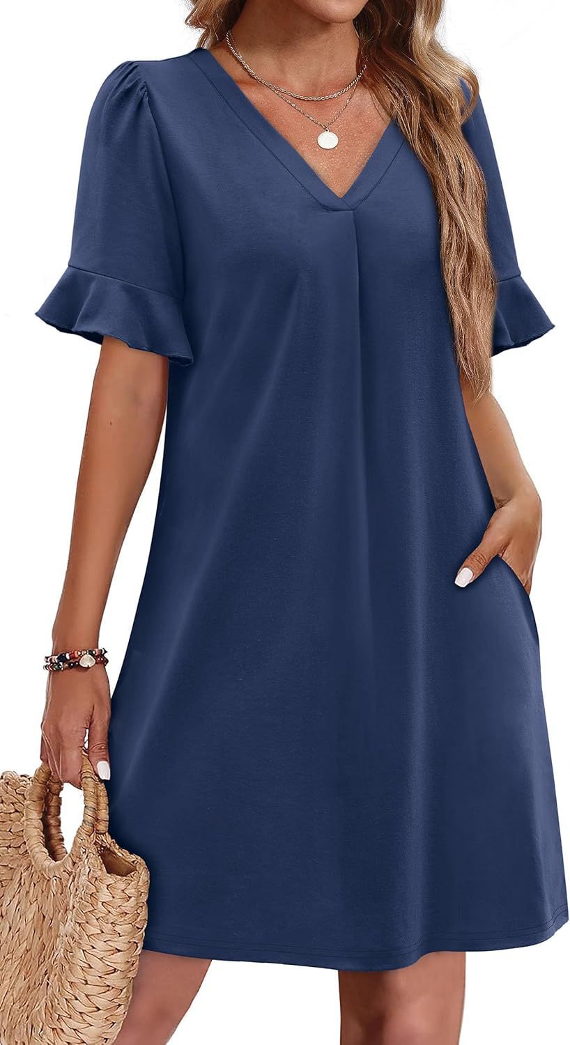 Sarah Express Women's V-Neck Ruffled A-Line Dress with Pockets Vacation Casual Short Sleeve