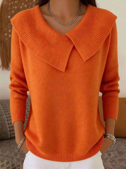 Sarah Express Women's Plus Size Solid Color Ribbed Hem Sweater - Casual Knitwear Top Orange