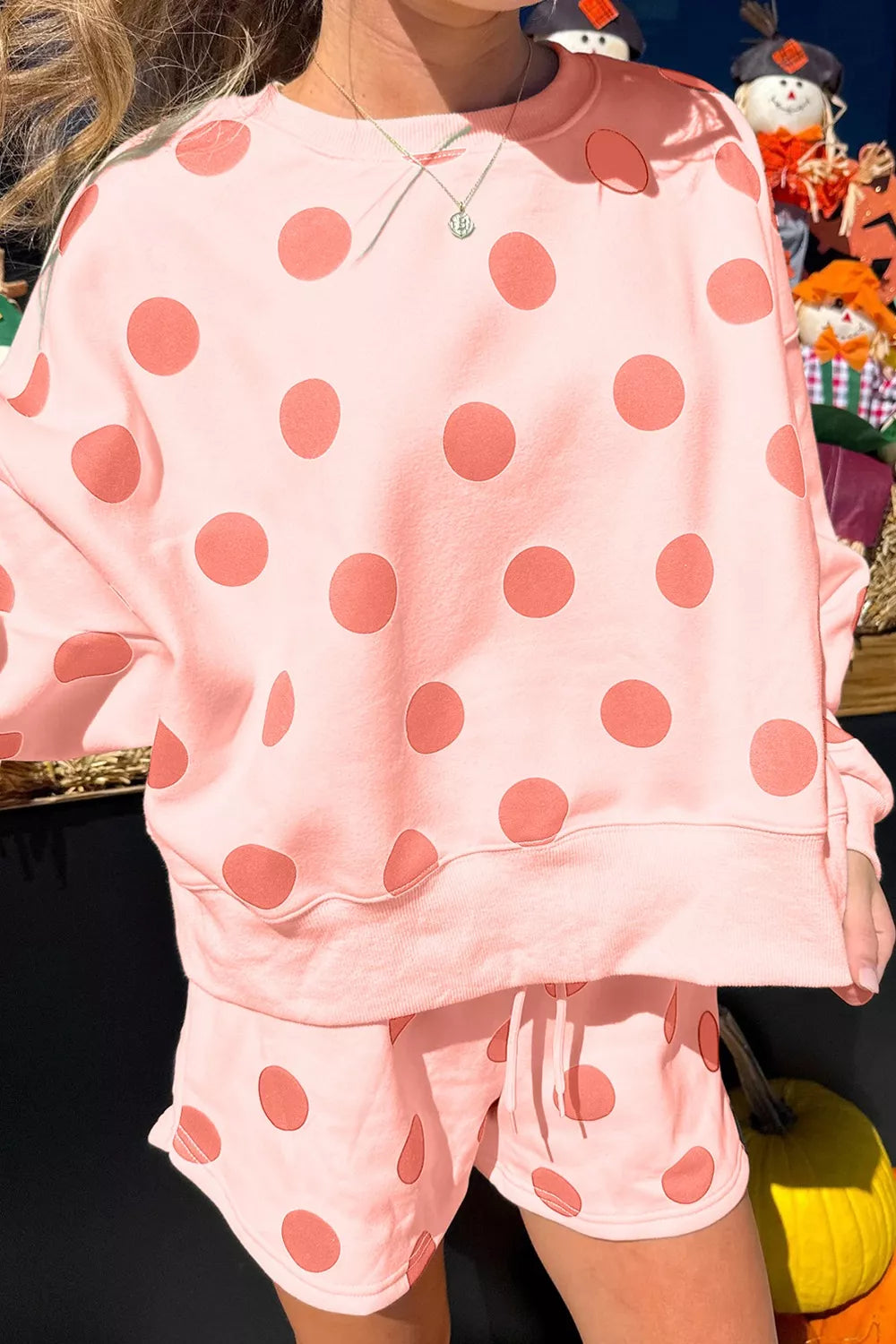 Sarah Express Women's Polka Dot Print Drop Shoulder Pullover Drawstring Shorts Set