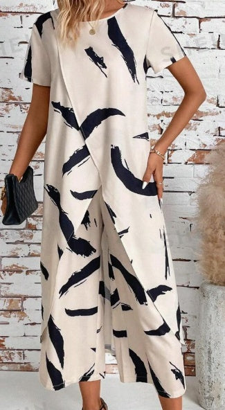 Sarah Express Women's Asymmetric Hem Top and Print Pants Two-Piece Casual Set