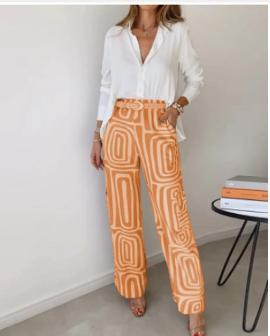 Sarah Express Women's 2-Piece Suit Set Lapel Shirt Wide Leg Pants Printed