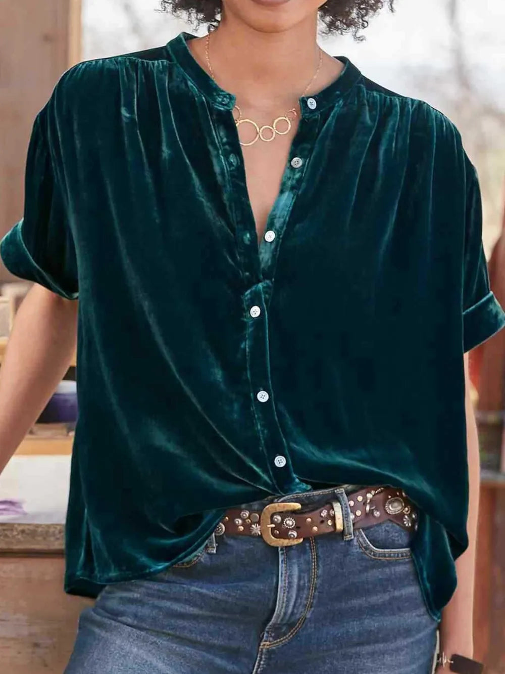Sarah Express Women's Ruched Round Neck Short Sleeve Shirt Dark Green