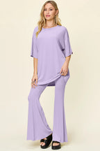 Sarah Express Women's Round Neck Drop Shoulder T-Shirt and Flare Pants Set Lavender