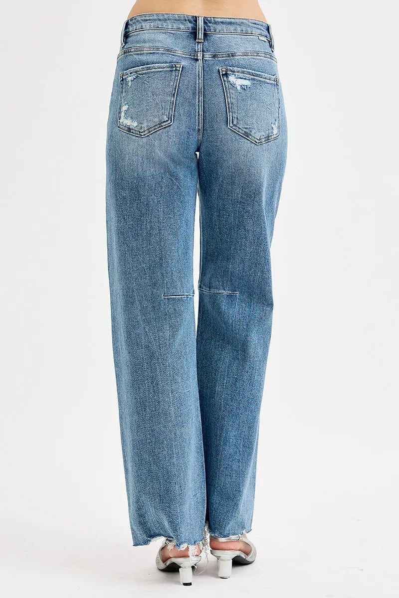 Sarah Express Women’s Plus Size Mid Rise Wide Leg Tie-Washed Jeans

