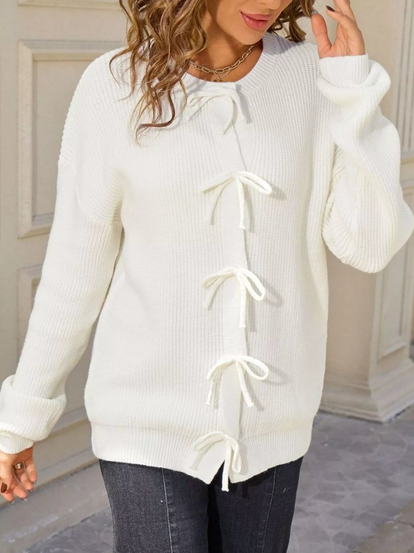 Sarah Express Women's Ribbed Knit Bow-Tie Cardigan - Premium Button-Up Sweater