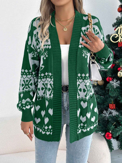 Sarah Express Women's Christmas Deer Pocket Cardigan Sweater Coat Green