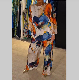 Sarah Express Women's Printed Satin Two-Piece Suit Bell Sleeve Top and Pants Set