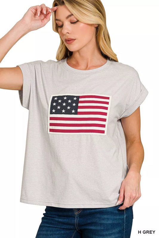 Sarah Express Women's US Flag Round Neck Short Sleeve T-Shirt H GREY
