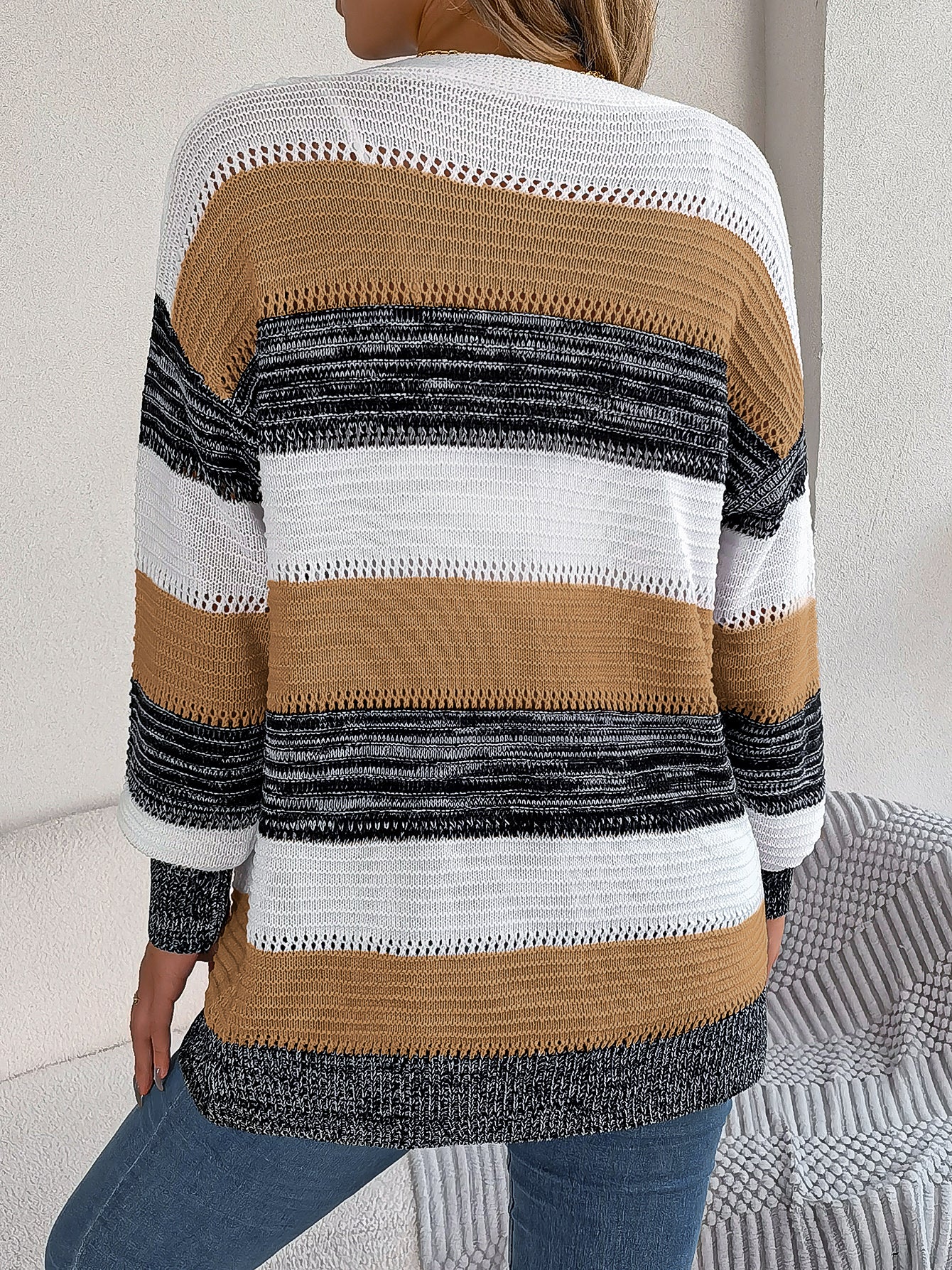 Sarah Express Women's Color Block Stripe Cardigan Sweater with Lantern Sleeves