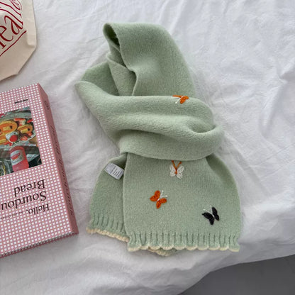 Sarah Express Women's Butterfly Embroidered Knitted Scarf - Soft Polyester Winter Wrap Green ONESIZE