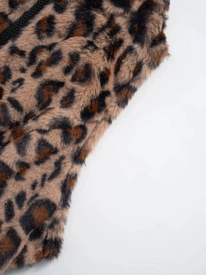 Sarah Express Women's Leopard Zip Up Faux Fur Cropped Vest Coat