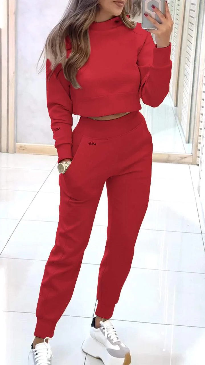 Sarah Express Women's Stand Collar Sports Suit Set - Pullover Top & Slim Trousers with Pockets Solid Color Tracksuit Red