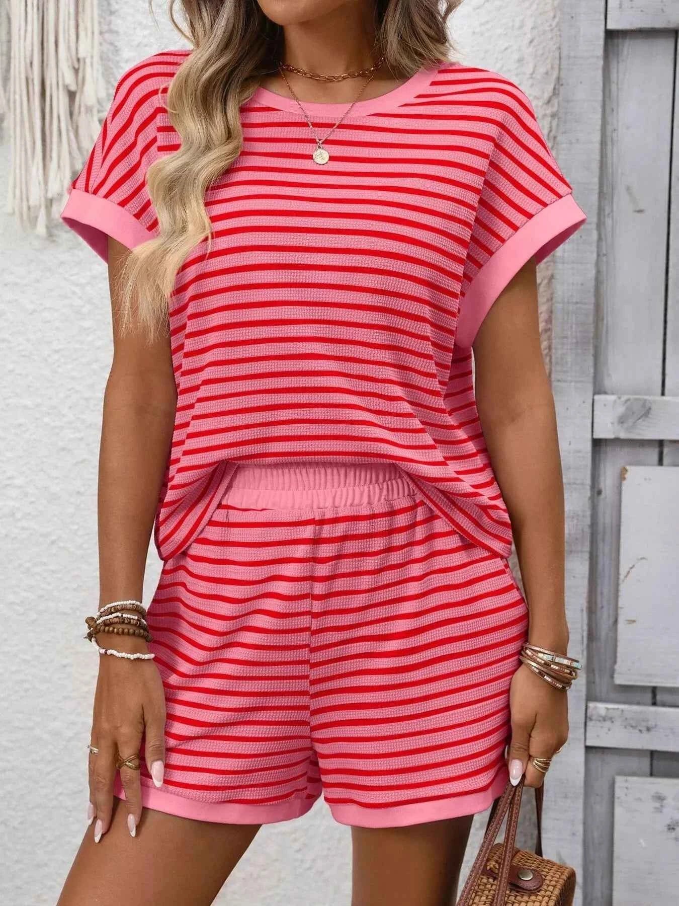 Sarah Express Women's Striped Round Neck Top and Shorts Set - Casual Two Piece Outfit