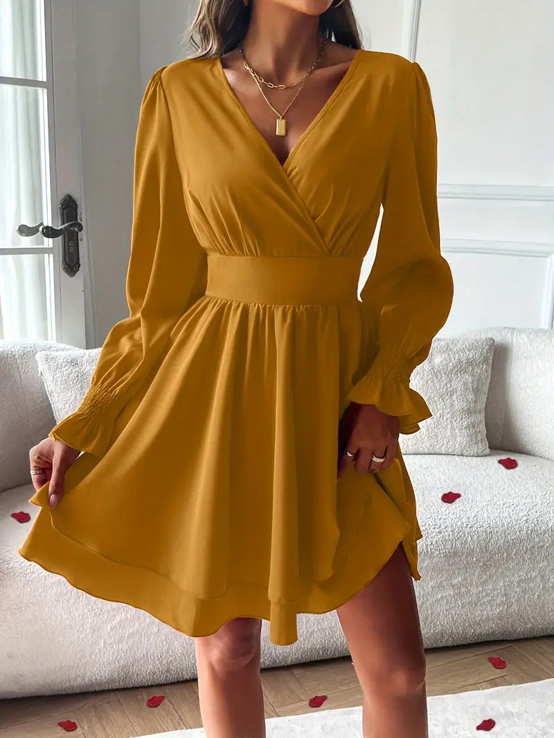 Sarah Express Women's V-Neck Long Sleeve Double Layer Skirt Work Dress