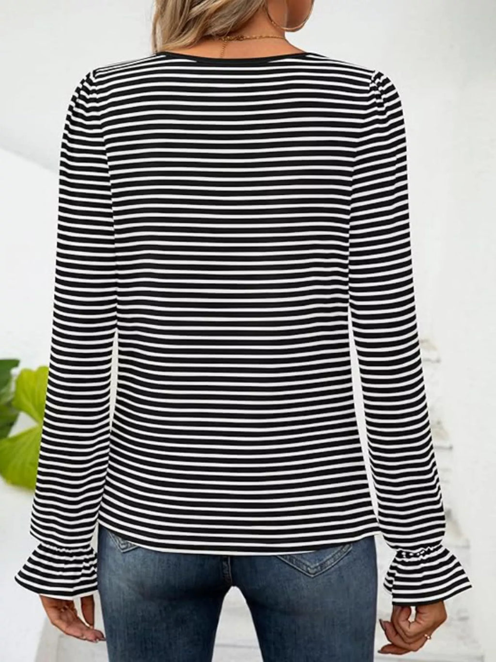 Sarah Express Women's Striped Long Sleeve T-Shirt with Square Neckline