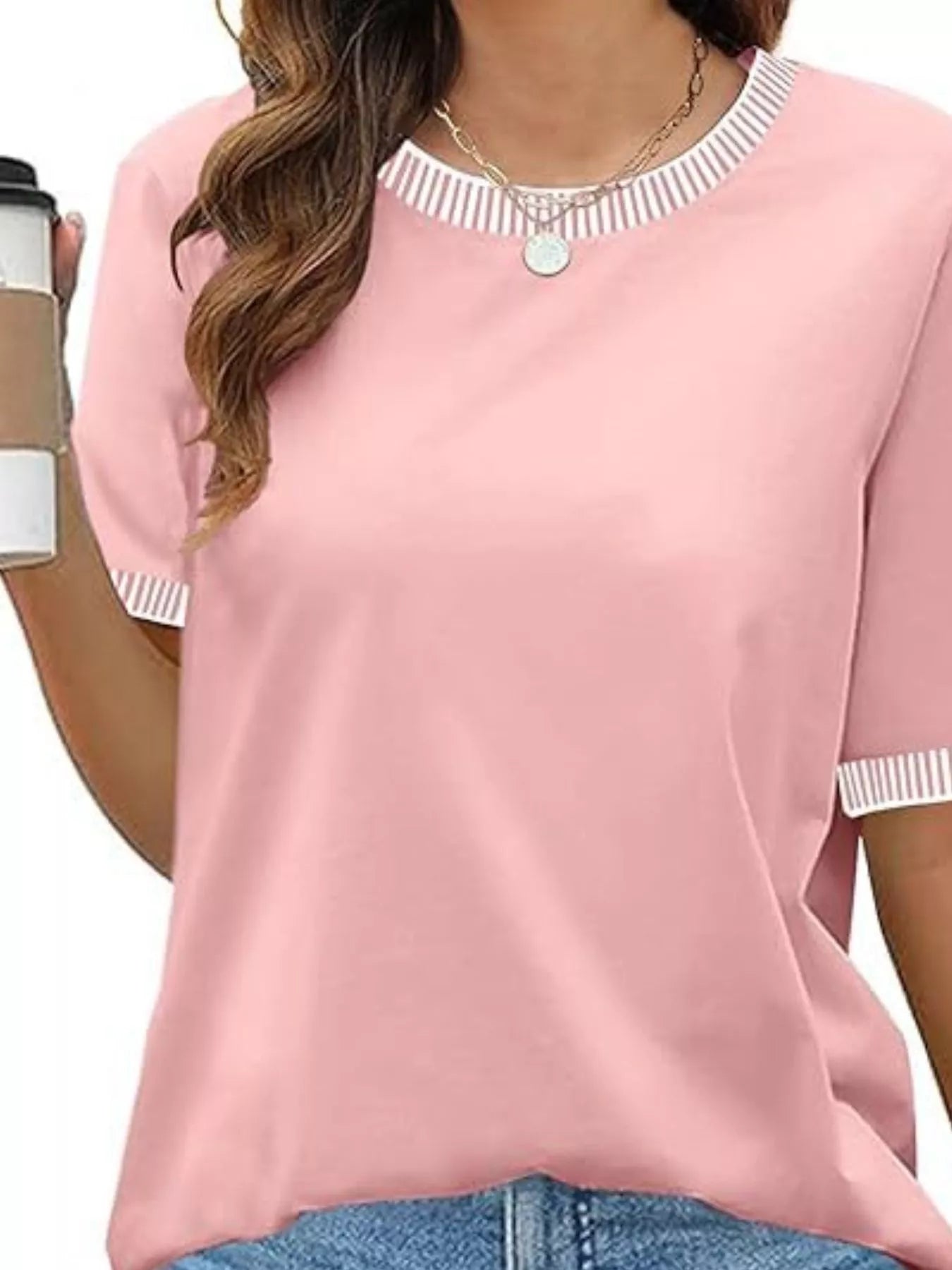 Sarah Express Women's Striped Trim Casual T-Shirt - Relaxed Fit Short Sleeve Top