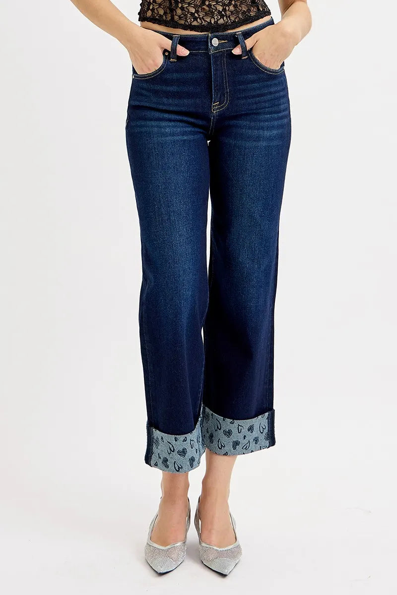 Sarah Express Women’s Plus Size Cropped Wide Leg Jeans with Printed Cuff
